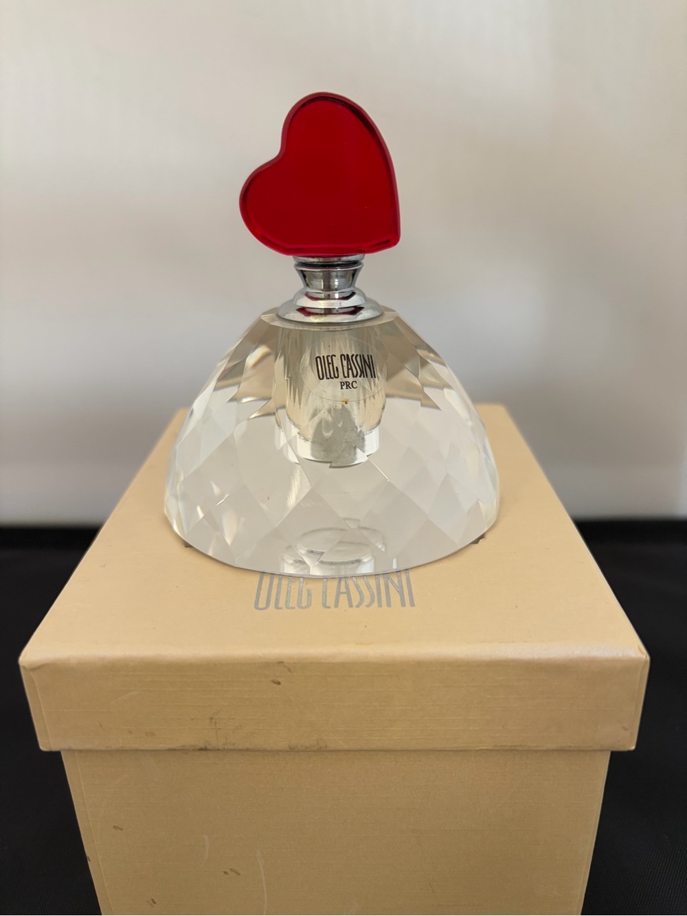 Oleg Cassini Crystal Perfume Bottle with Red Heart Stopper New and Signed!